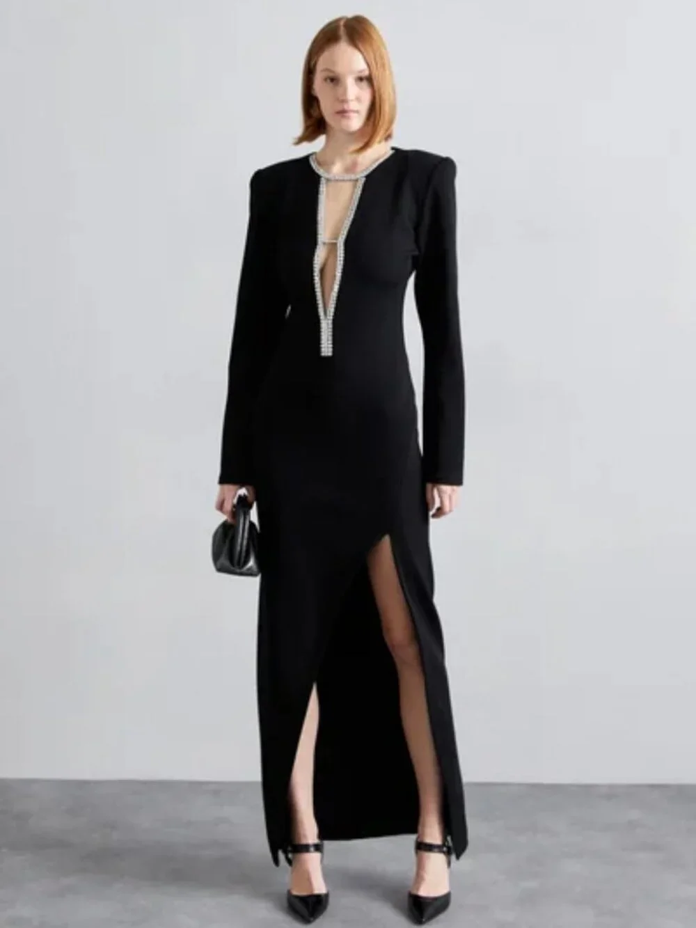 NWT IRO Paris Mash Swarovski Maxi Gown Black Deep V Slit Size 38 MSRP $1195